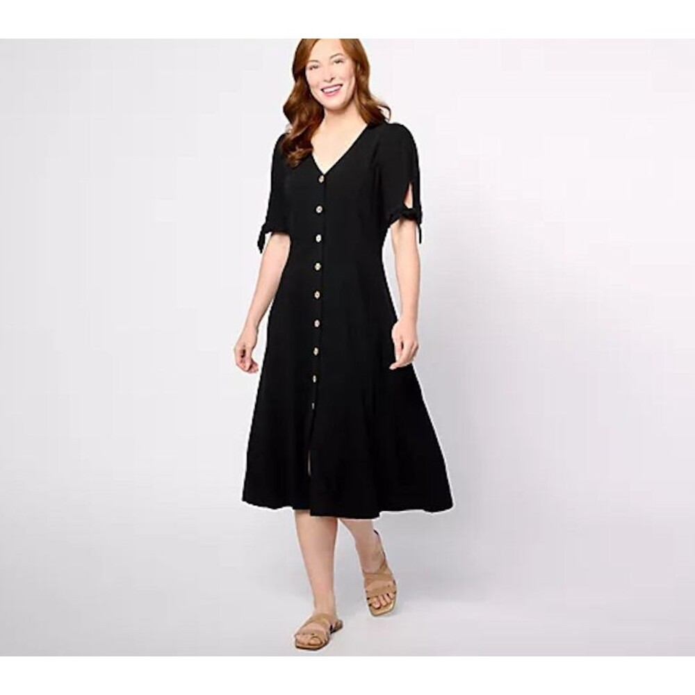 Susan Graver Pure Dress Womens Petite Large Black Linen Blend Tie Sleeve Midi - Picture 1 of 11